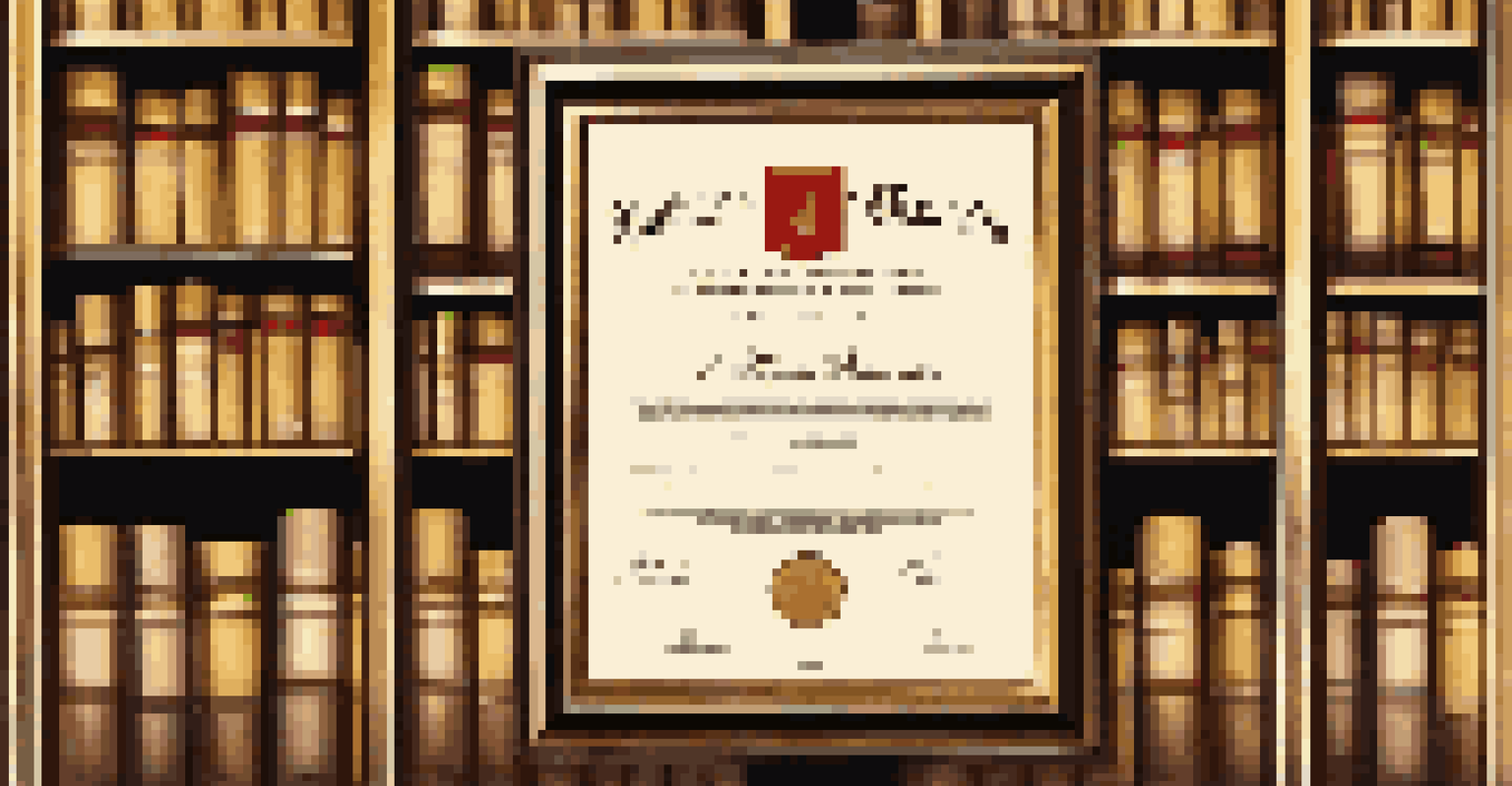 A framed certificate on a wall with soft-focus bookshelves in the background, symbolizing achievement and professional growth.
