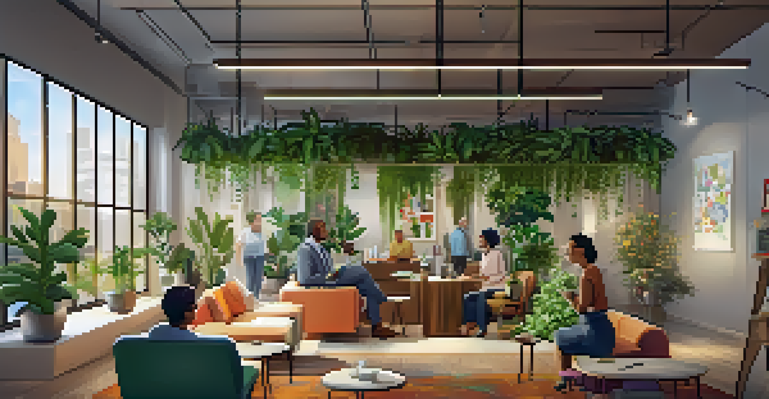 A vibrant office space showcasing cultural diversity, with employees from different backgrounds engaging in friendly conversation over coffee amidst plants and artwork.