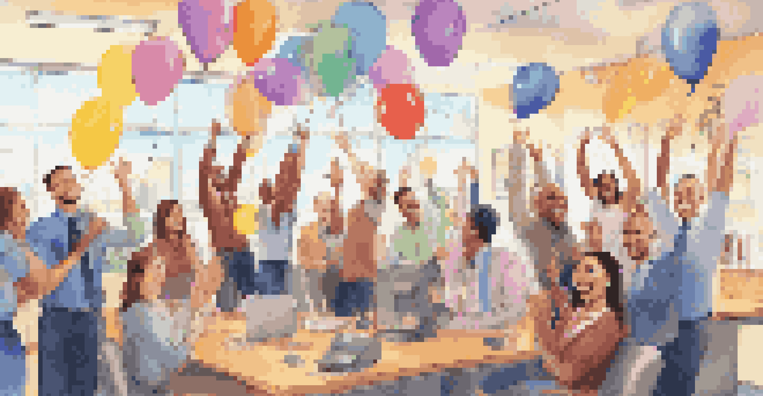 Employees celebrating a team achievement in a vibrant office decorated with balloons and banners.