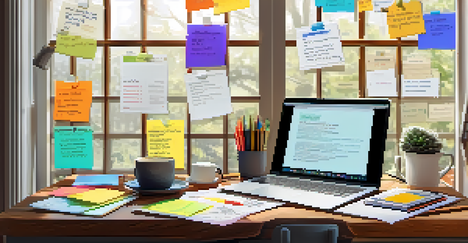 A workspace with a laptop, sticky notes, and a planner, illuminated by natural light.