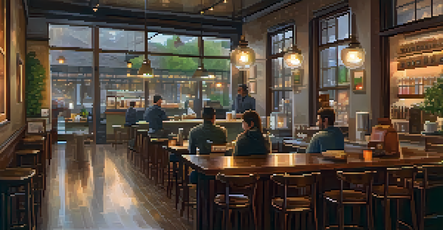 A warm and inviting coffee shop interior featuring patrons enjoying their time while a barista prepares drinks, with a rainy backdrop visible through the window.