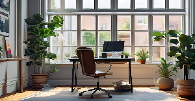 A modern home office with a laptop, houseplants, and colorful decor illuminated by natural light.