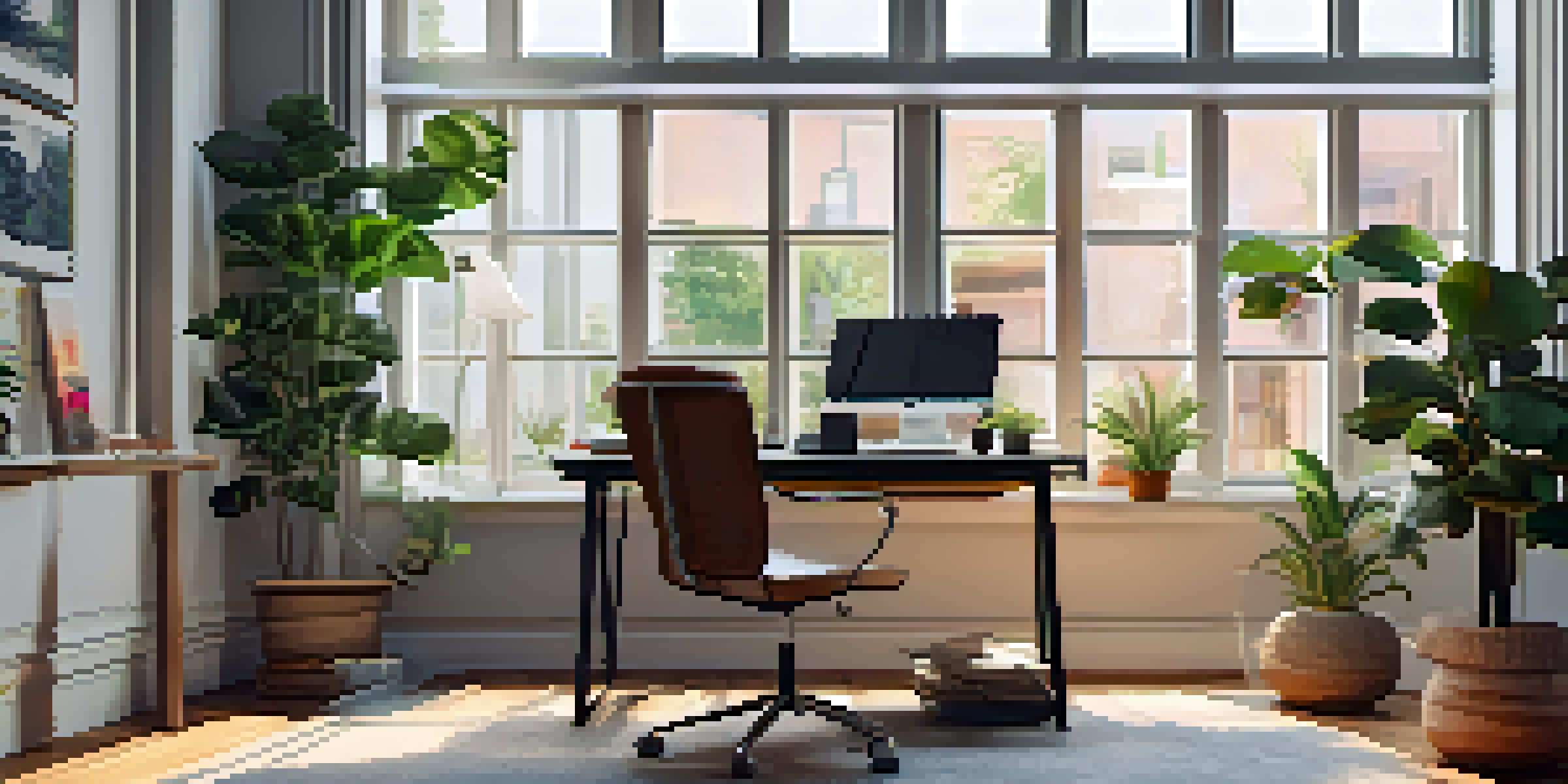 A modern home office with a laptop, houseplants, and colorful decor illuminated by natural light.