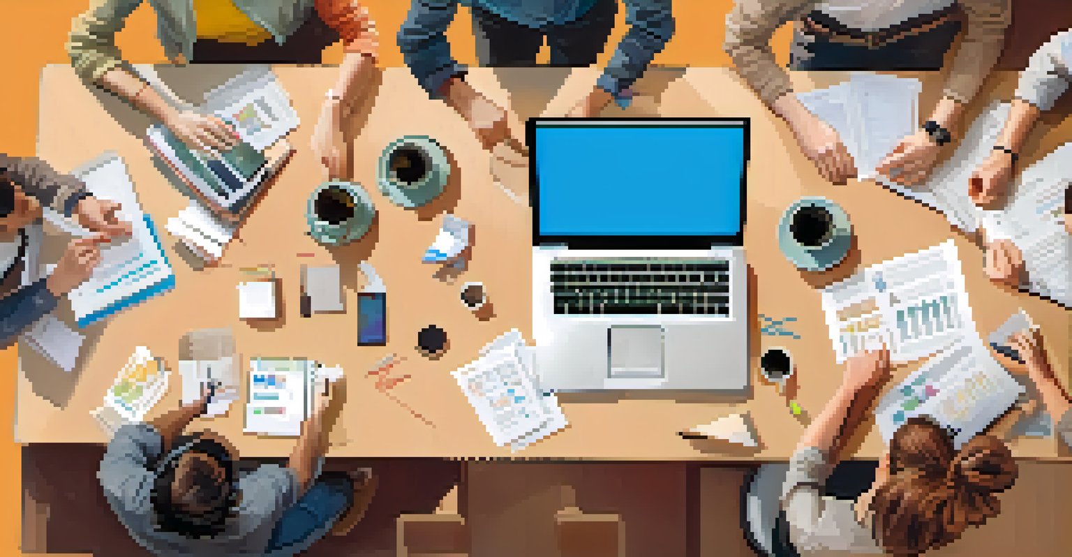 A group of young adults collaborating at a table with laptops, analyzing job market trends amid papers and charts.