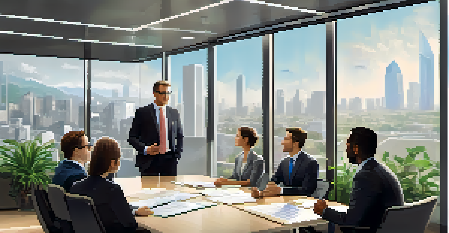 A leader discussing ethical practices with a team in a modern office, with a view of the city outside.