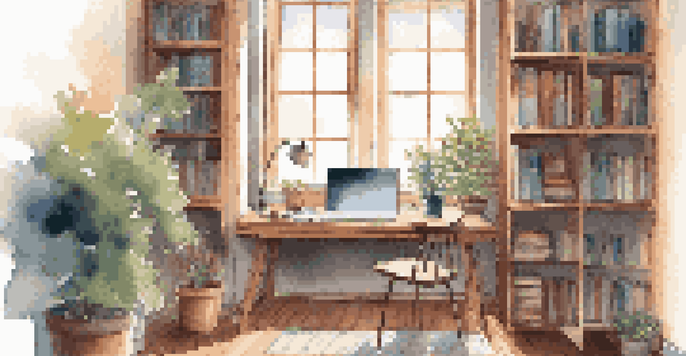 A warm and inviting home study area with a laptop, desk, and books, bathed in natural light.
