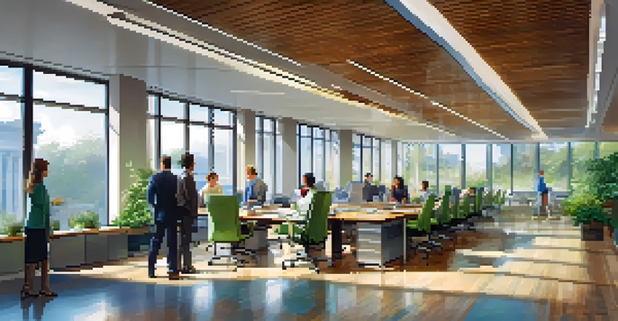 An inviting office scene where employees are collaborating at a conference table, bathed in natural light with greenery outside.
