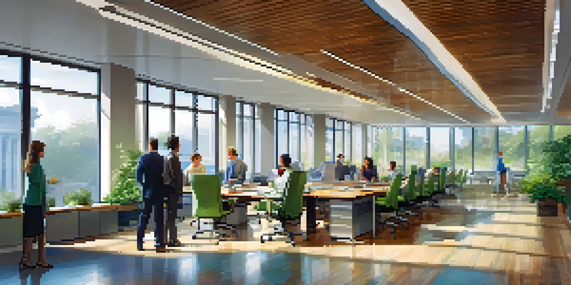 An inviting office scene where employees are collaborating at a conference table, bathed in natural light with greenery outside.