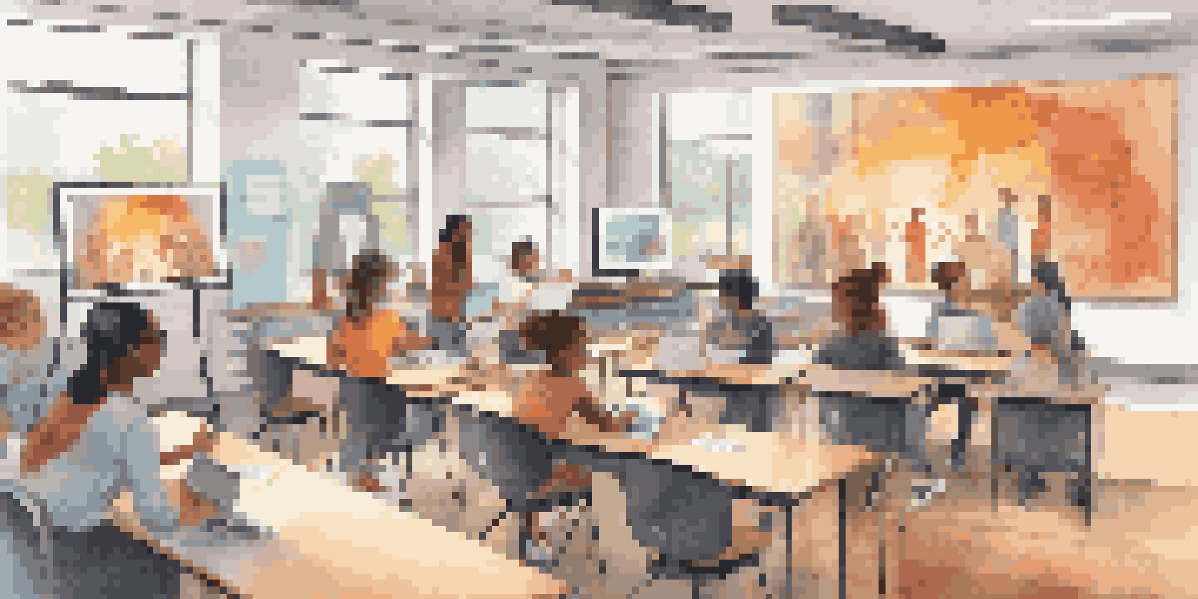A modern classroom with diverse students participating in an online learning session, featuring a teacher on a screen and various digital devices.