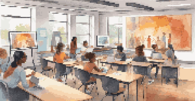 A modern classroom with diverse students participating in an online learning session, featuring a teacher on a screen and various digital devices.