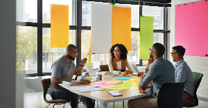 A diverse group of employees collaborating in a modern office, surrounded by colorful sticky notes and a whiteboard.