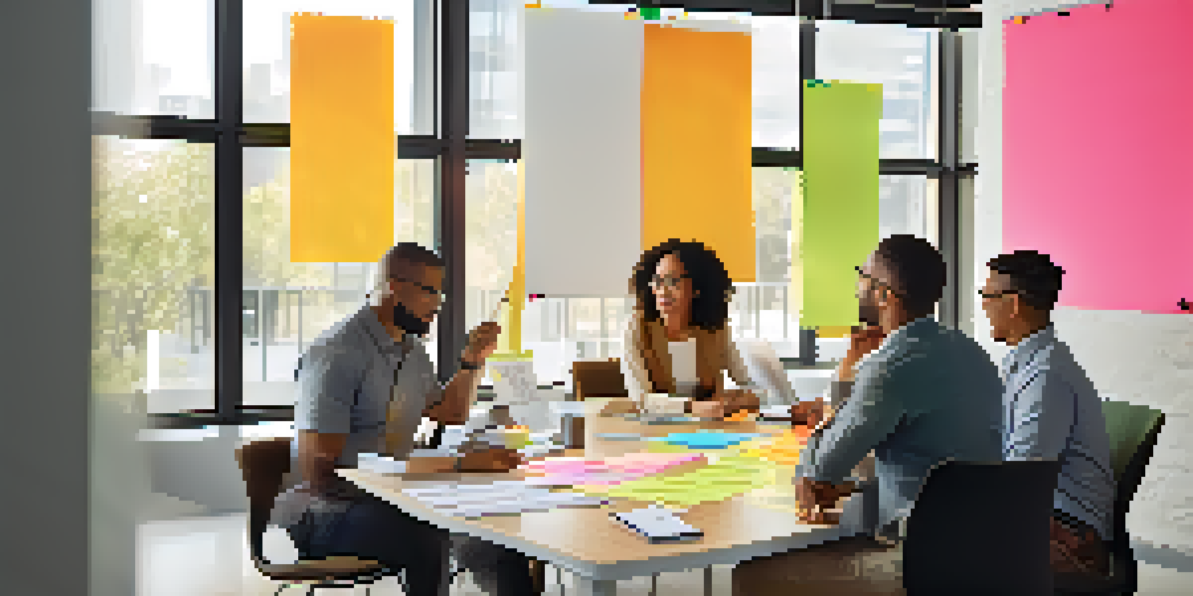 A diverse group of employees collaborating in a modern office, surrounded by colorful sticky notes and a whiteboard.