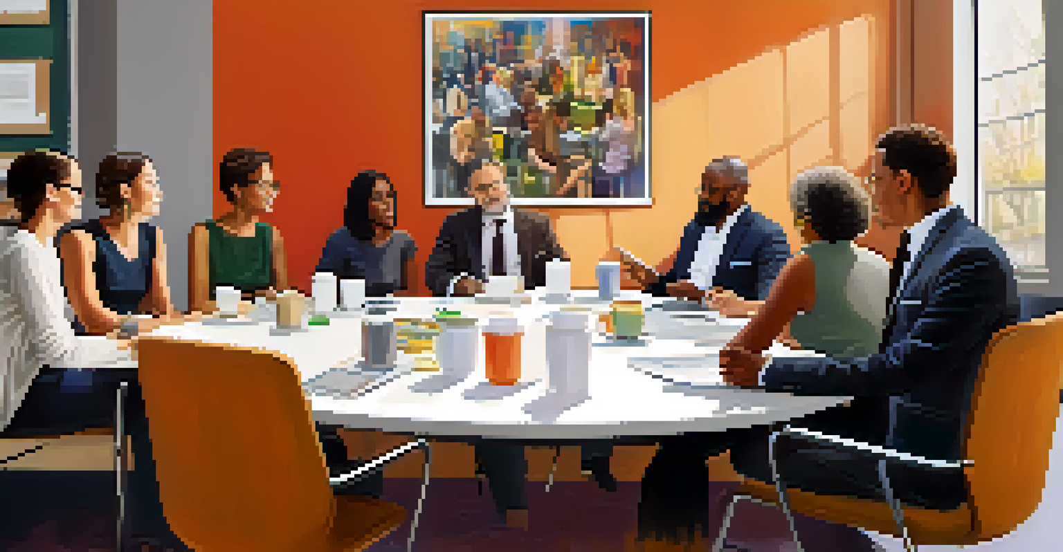 A diverse group of professionals discussing ideas around a conference table in a bright, modern meeting room.