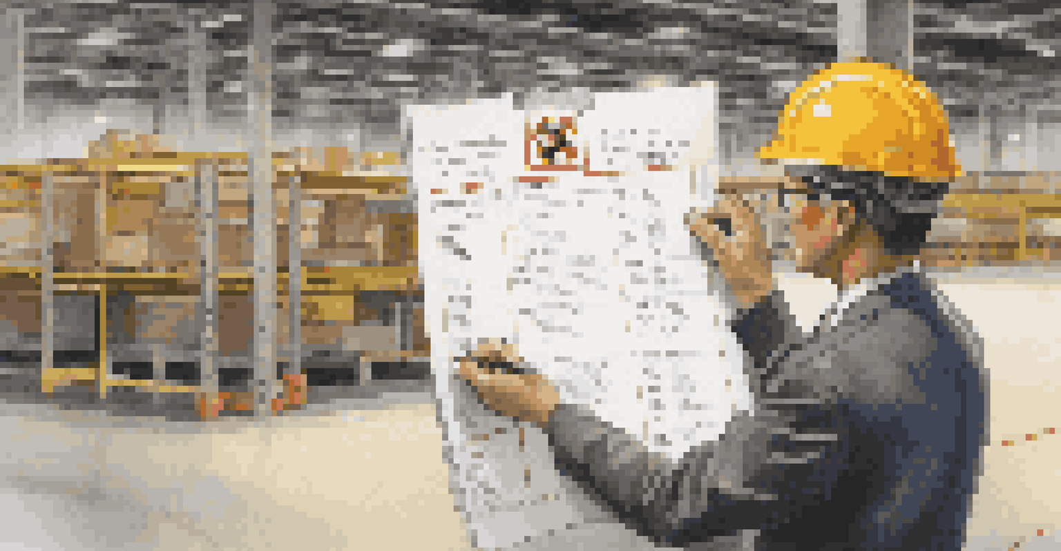A close-up of a safety audit checklist being reviewed, surrounded by safety gear in a well-lit warehouse.