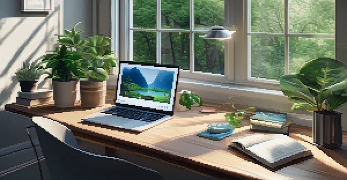 A serene home office with a laptop on a wooden desk, plants around, and natural light coming through the window.