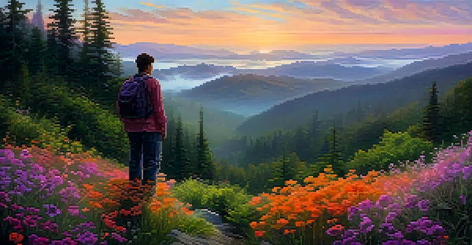 A person standing at the edge of a green forest, gazing at mountains during sunrise with colorful wildflowers in the foreground.