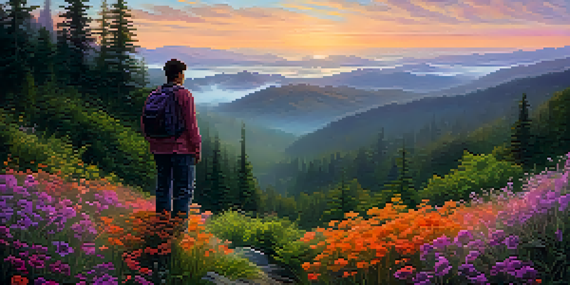 A person standing at the edge of a green forest, gazing at mountains during sunrise with colorful wildflowers in the foreground.