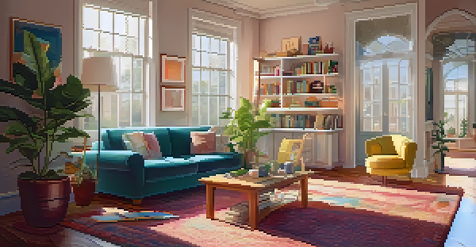 A warm and inviting family living room with a parent and child interacting, surrounded by family photos and plants.