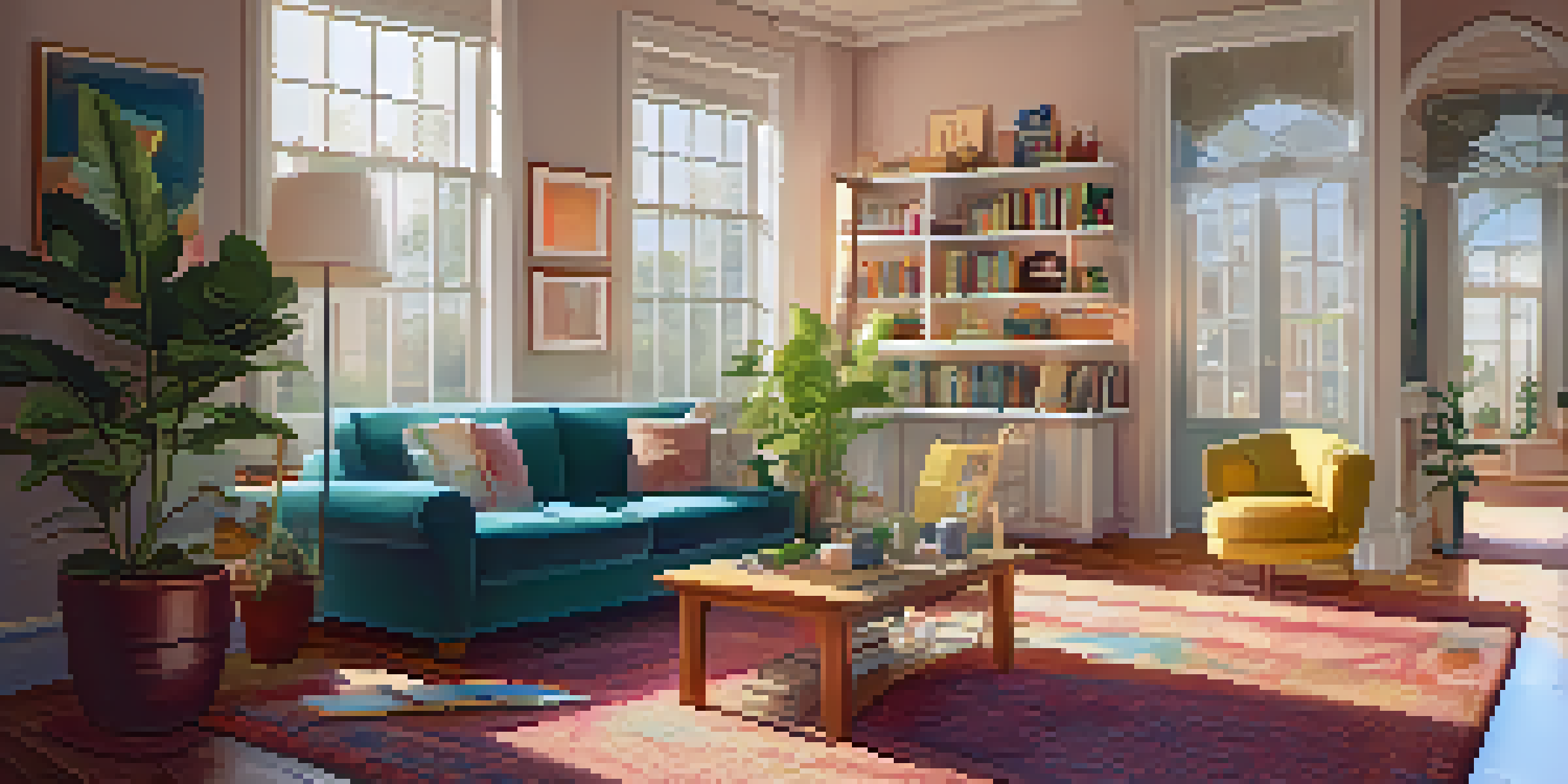 A warm and inviting family living room with a parent and child interacting, surrounded by family photos and plants.