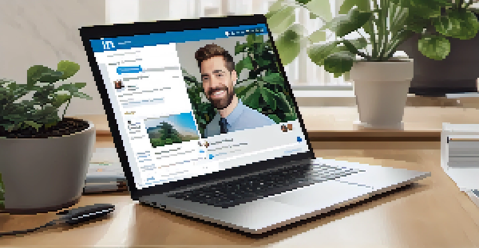 A laptop displaying a LinkedIn profile with a professional photo and engaging content, set in a modern workspace with plants and coffee.