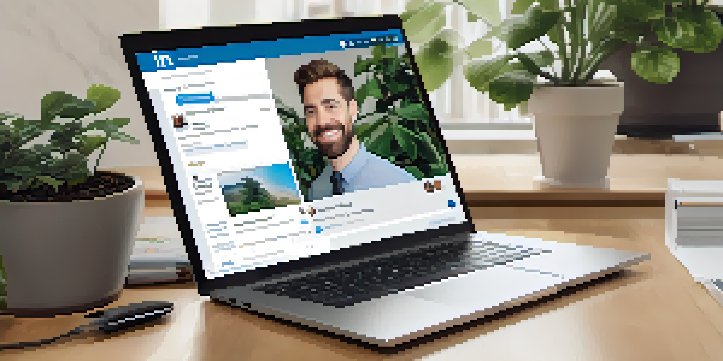 A laptop displaying a LinkedIn profile with a professional photo and engaging content, set in a modern workspace with plants and coffee.