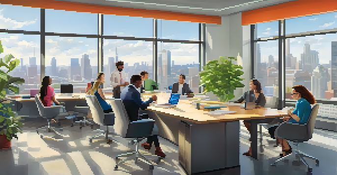 A bright office with diverse employees collaborating in a meeting, surrounded by plants and city views.
