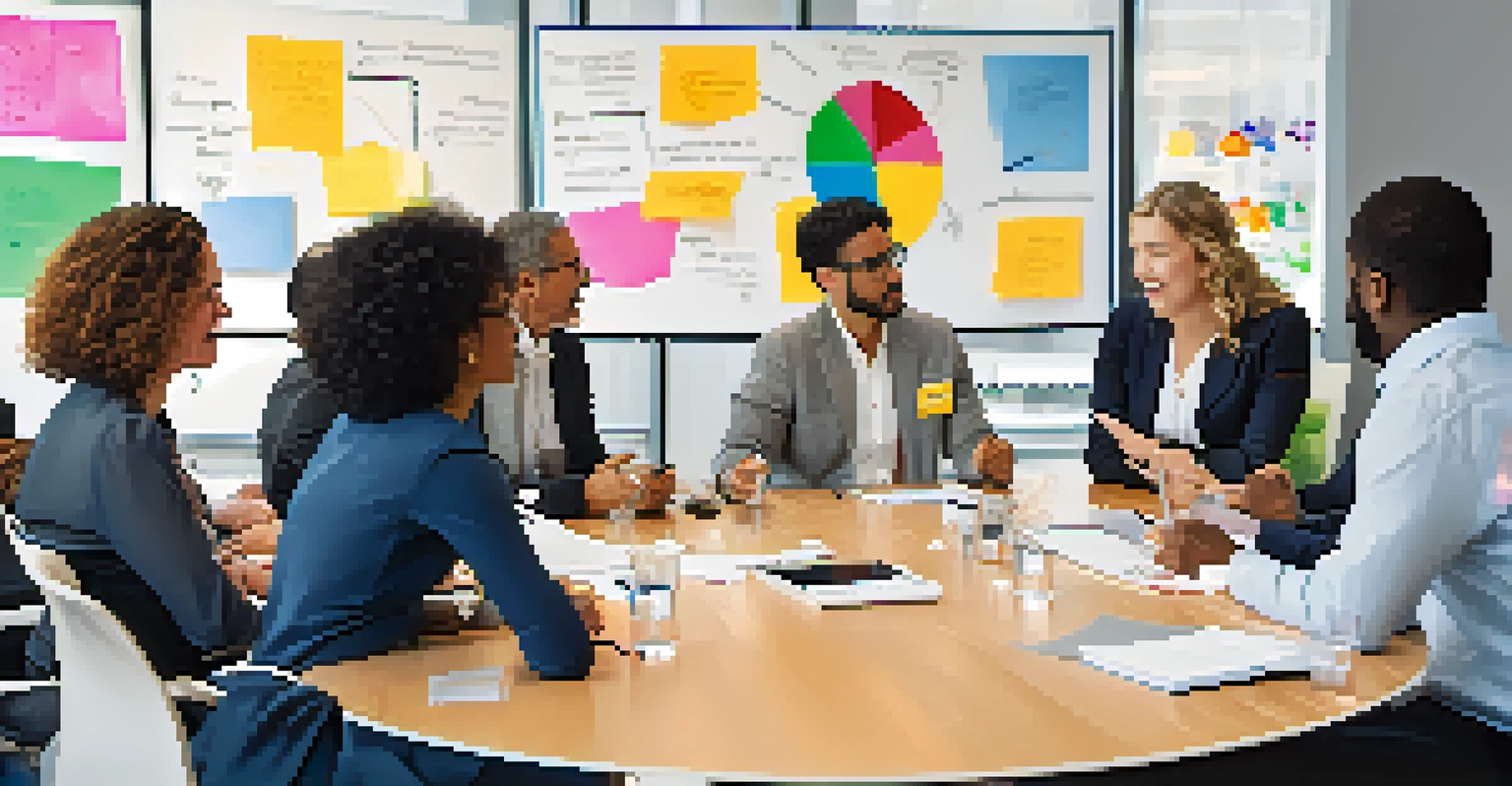 A group of professionals discussing ideas in a bright conference room with a round table.