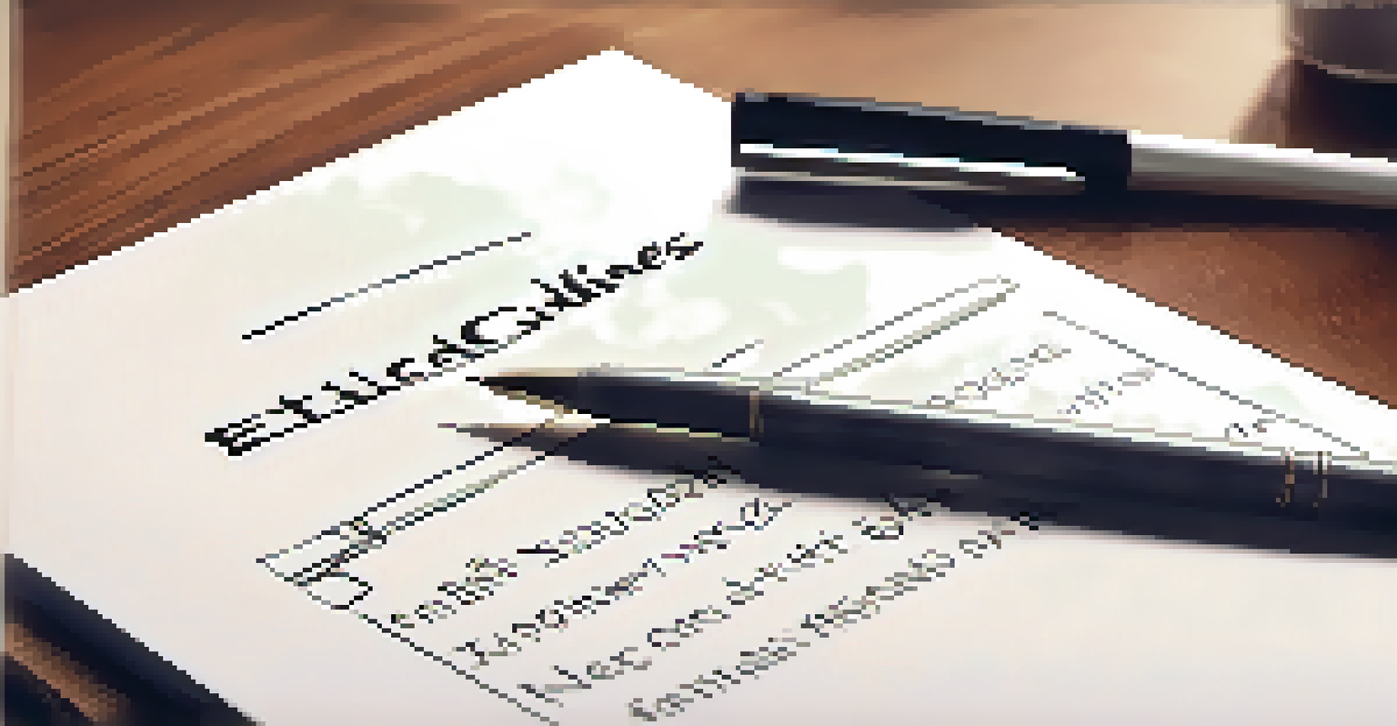 A close-up of a hand writing 'Ethical Guidelines' on a notepad with an office setting in the background.