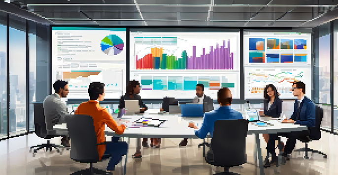 A diverse group of professionals in a modern conference room analyzing data on a screen with laptops and charts on the table.