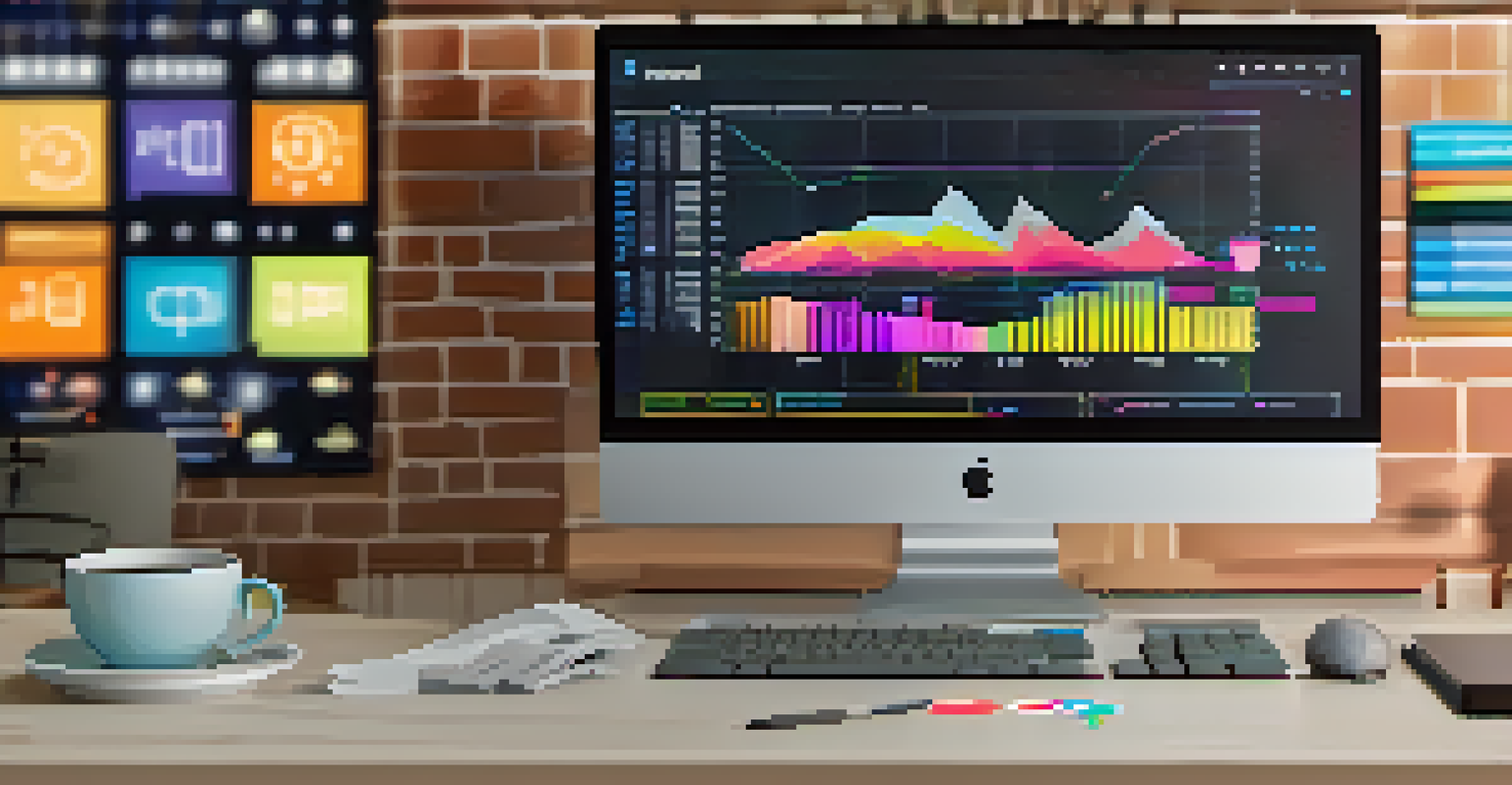 A computer screen showing colorful data visualizations and graphs, with a blurred background of a keyboard and coffee cup.