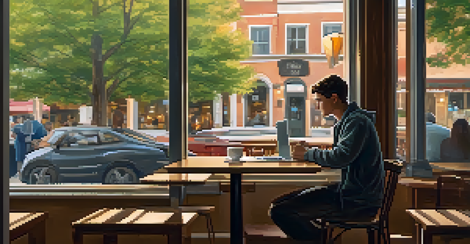 A person working on a laptop in a cozy café with a coffee cup, surrounded by warm lighting and a view of the street outside.