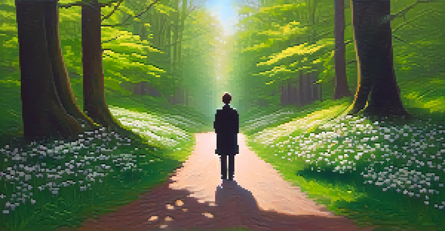 A person at a crossroads in a forest, contemplating two diverging paths representing career change.