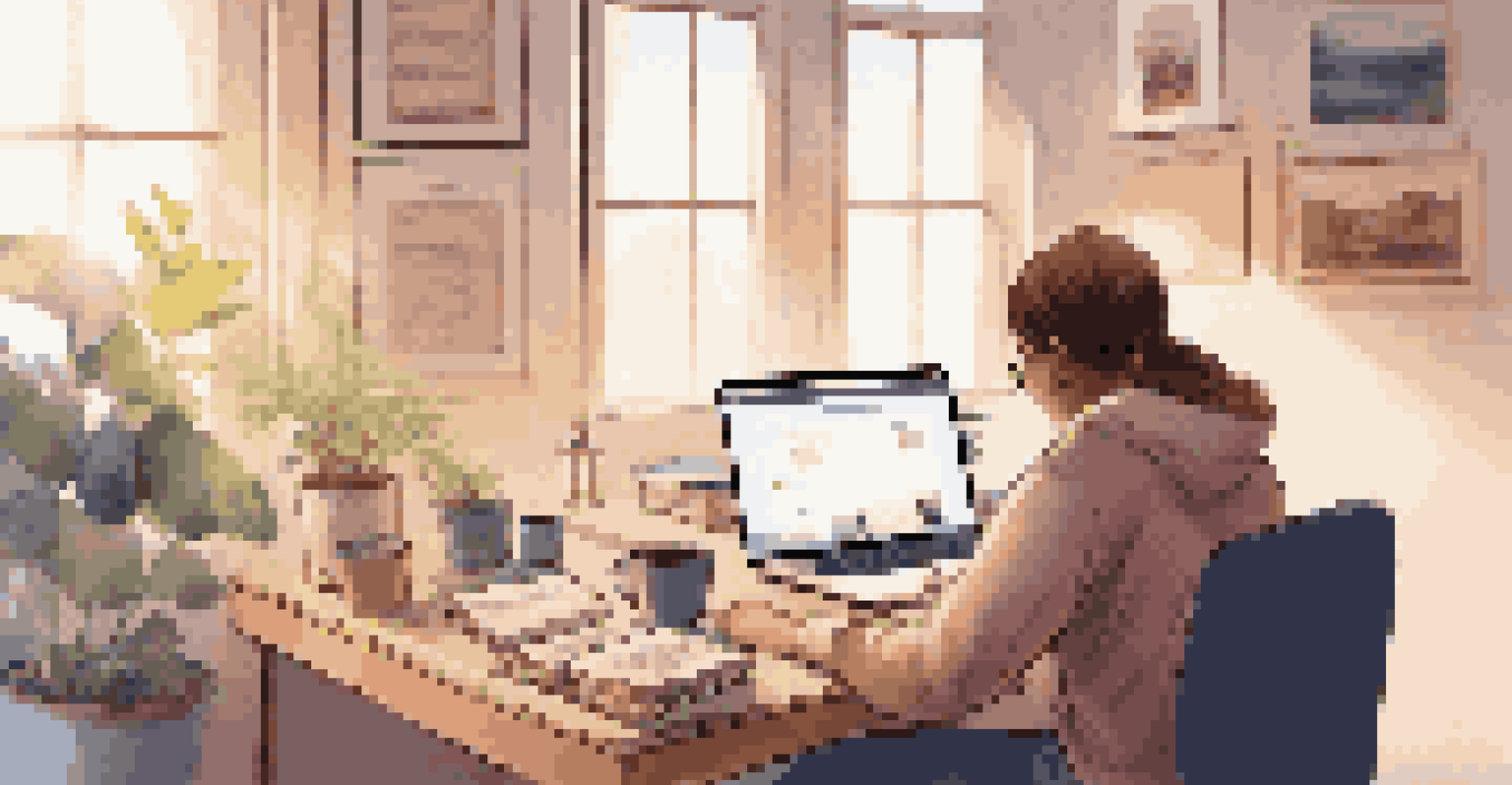 A person focused on an online learning course at a desk, surrounded by books and motivational decor.