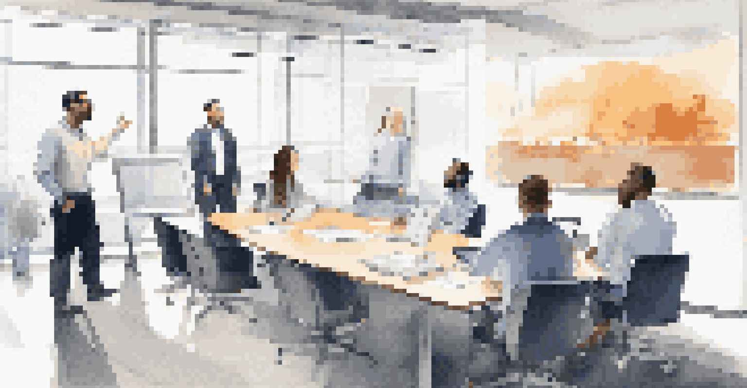 A team of employees engaged in a meeting with one person presenting on a large screen, displaying modern technology.