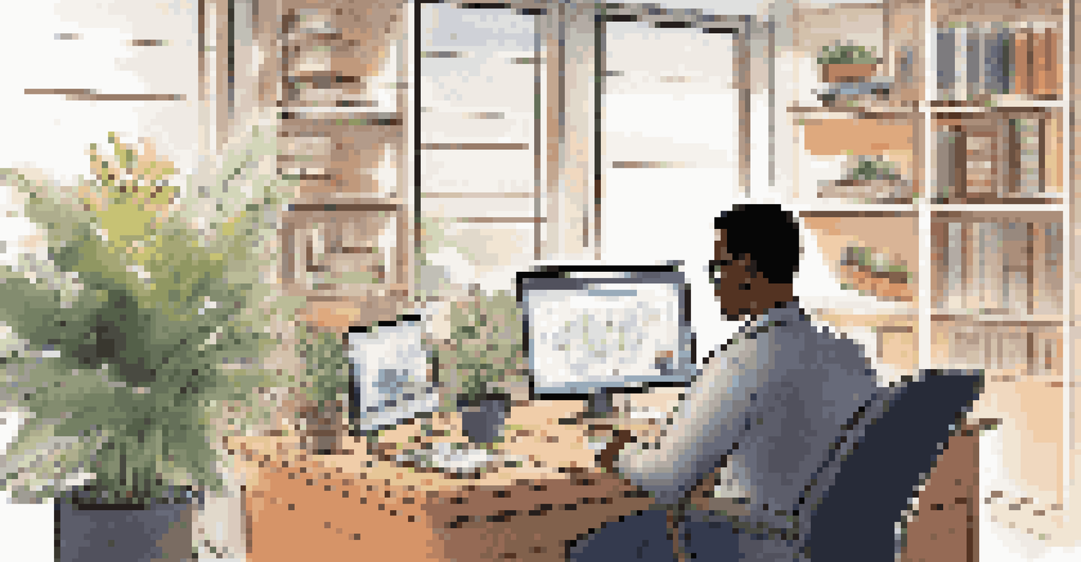 A person participating in a virtual meeting at a desk with multiple screens, surrounded by books and plants in a cozy workspace.