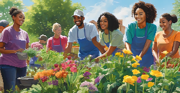 A group of diverse volunteers working together in a community garden, planting colorful flowers and vegetables under a sunny sky.