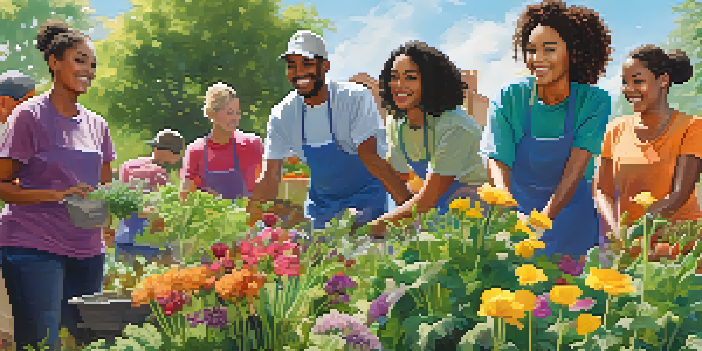 A group of diverse volunteers working together in a community garden, planting colorful flowers and vegetables under a sunny sky.