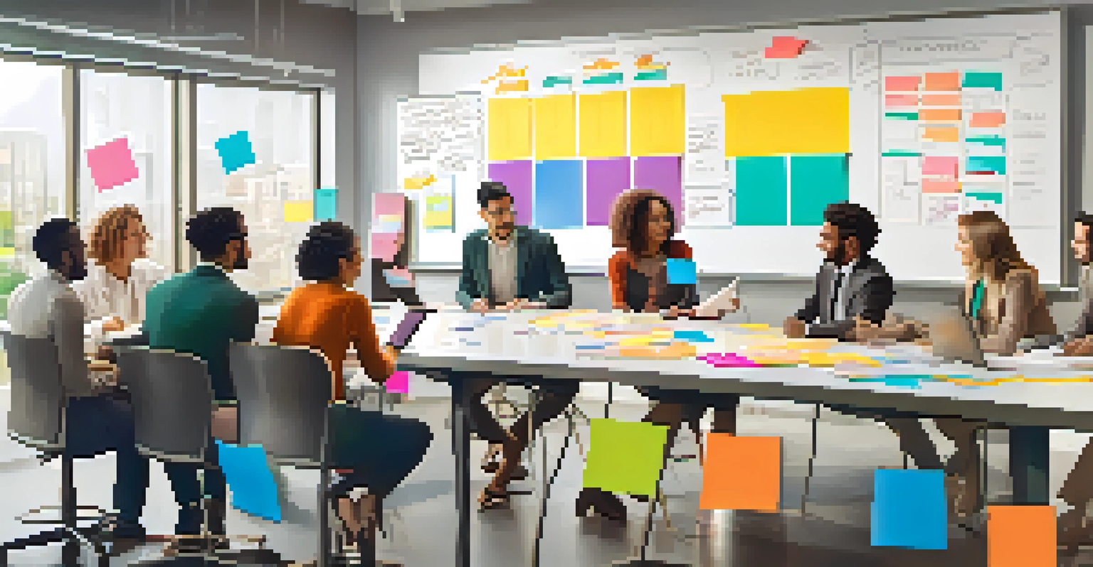 A diverse team collaborating on a project, with one member writing on a whiteboard surrounded by colorful sticky notes.