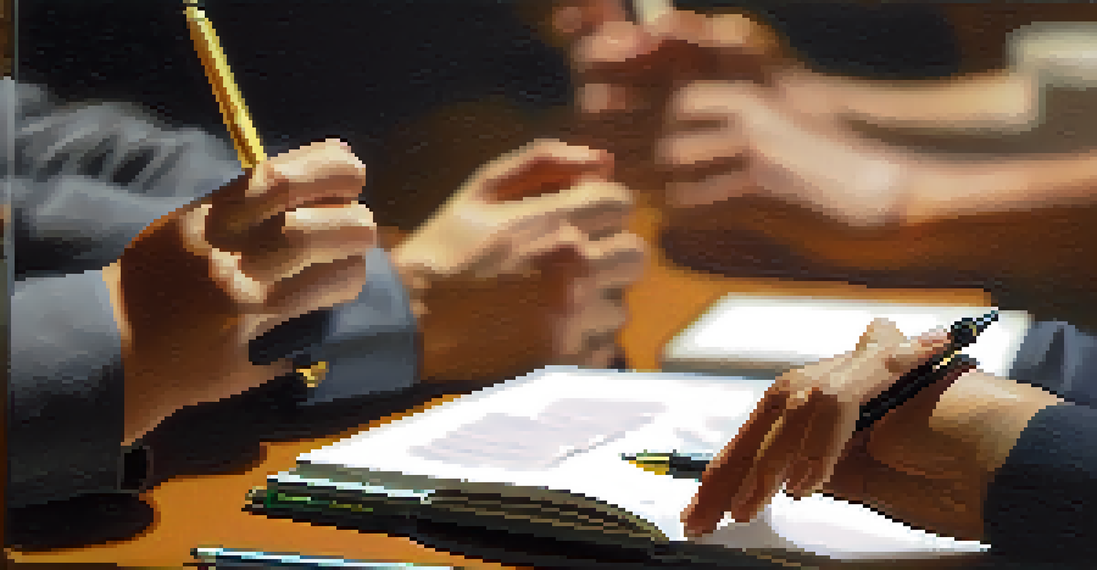 Close-up of hands during a team meeting, one holding a pen above a notebook, emphasizing the concept of active listening and engagement.