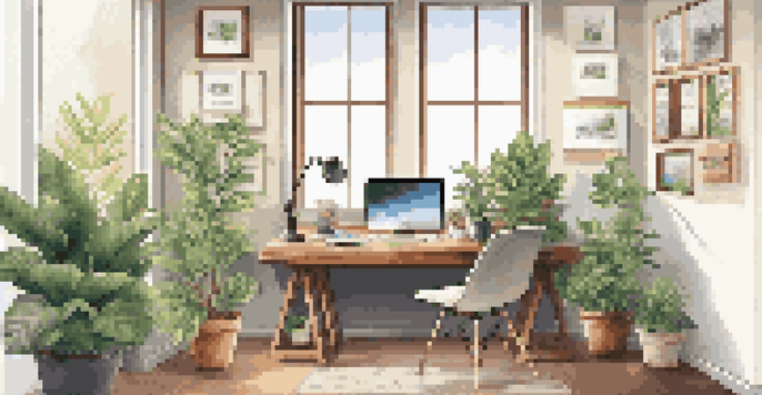 A bright and inviting modern office workspace with a wooden desk, laptop, and plants, illuminated by natural light.