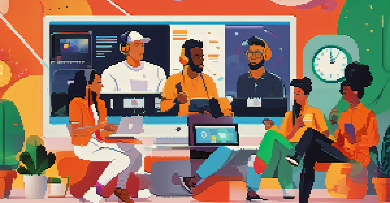 A digital representation of a diverse remote team on a video call, with a background showing clocks for different time zones and colorful speech bubbles.