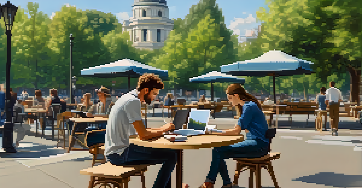 A freelance writer working on a laptop at an outdoor café, surrounded by a park view, with a notebook and coffee cup on the table.