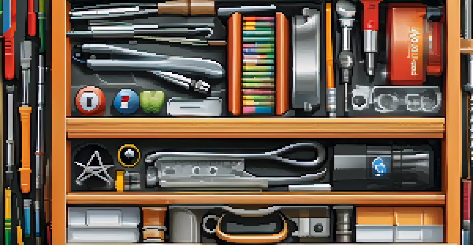 An artistic digital toolbox filled with colorful icons representing various digital skills, against a clean white background.
