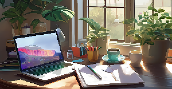 A warm and inviting workspace with a wooden desk, laptop, plants, and a cup of coffee, illuminated by soft afternoon sunlight.