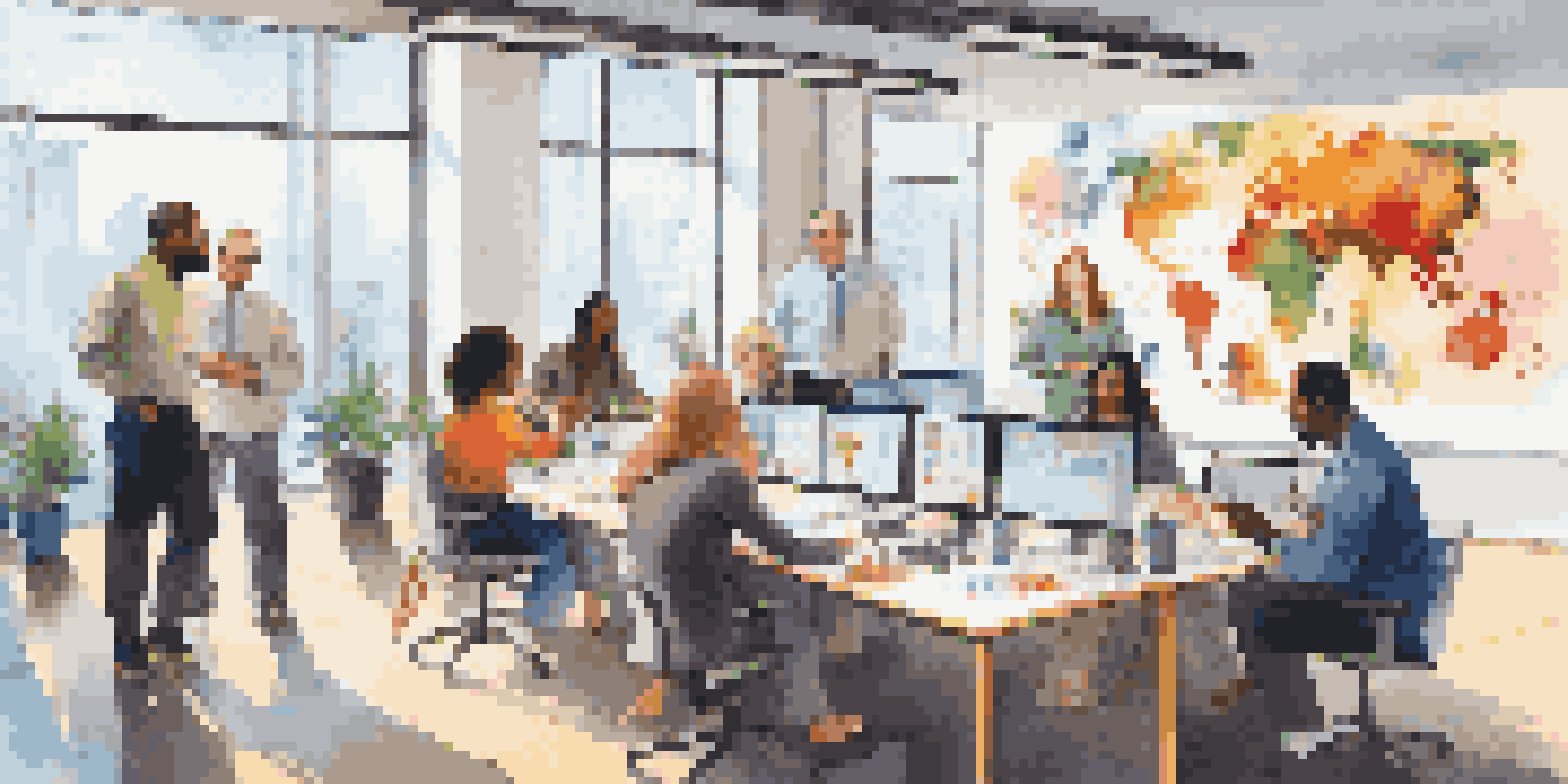A diverse group of people working together in a bright office environment, collaborating on projects with charts displayed on a screen.