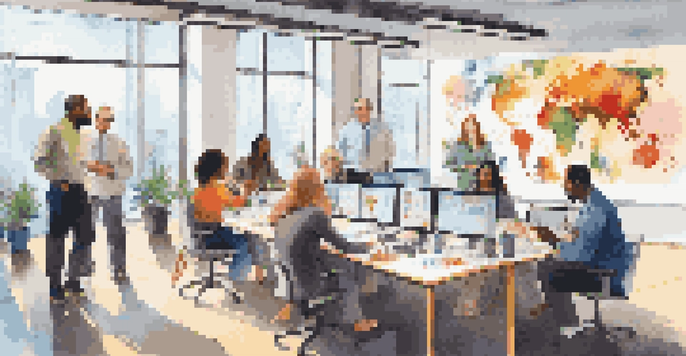 A diverse group of people working together in a bright office environment, collaborating on projects with charts displayed on a screen.