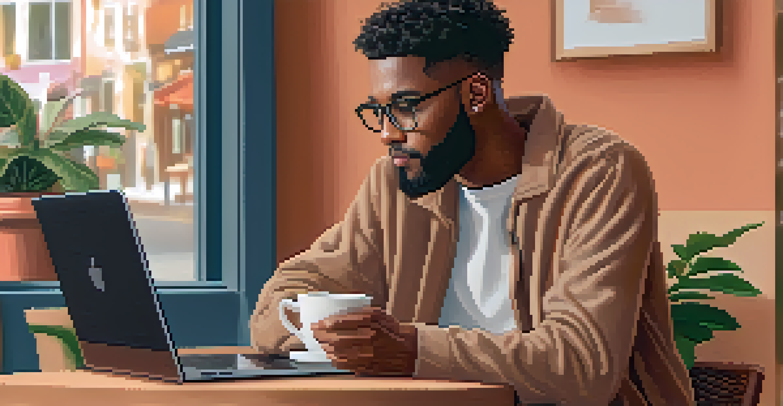 A person in a coffee shop having a video call with a mentor on their laptop, surrounded by a warm and inviting atmosphere.