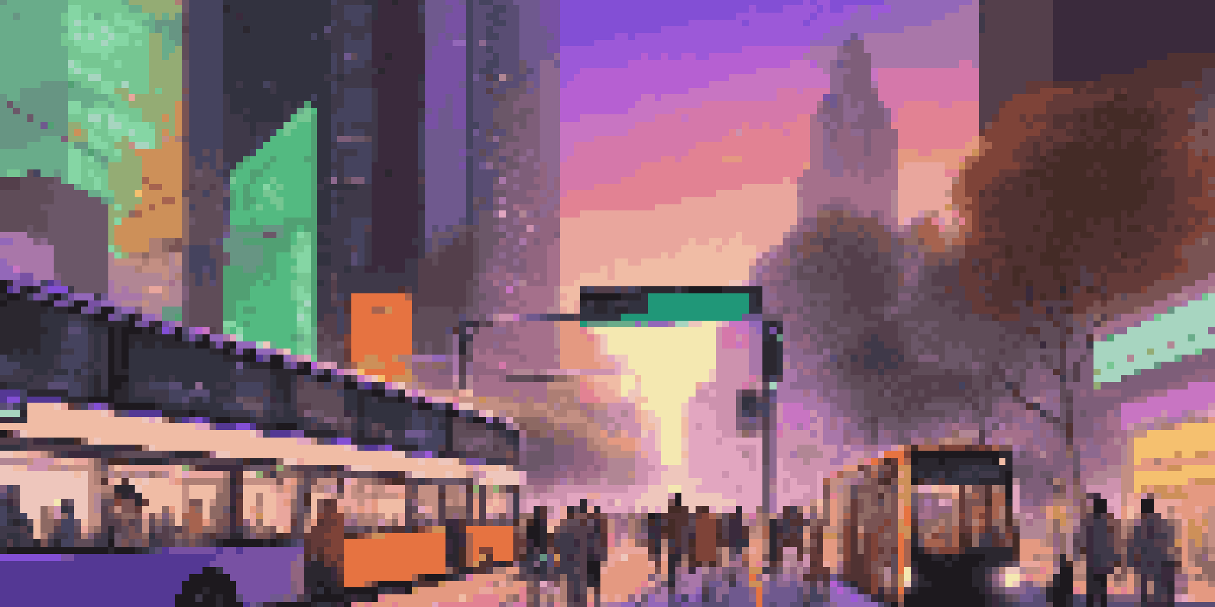 A lively urban scene depicting a smart city at twilight with bright skyscrapers, an electric bus, and pedestrians on a walking path.