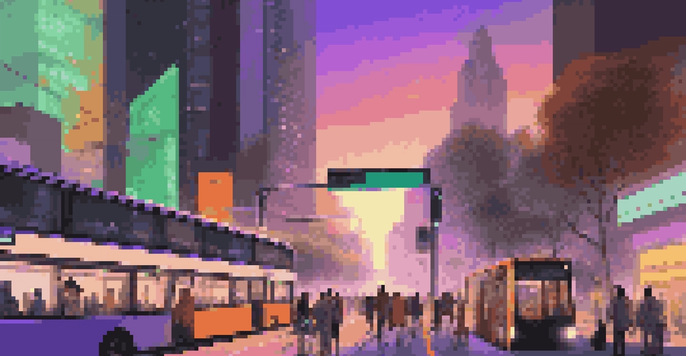 A lively urban scene depicting a smart city at twilight with bright skyscrapers, an electric bus, and pedestrians on a walking path.