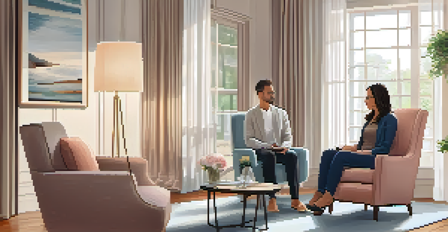 A therapist and client having a mental health session in a calming office environment.